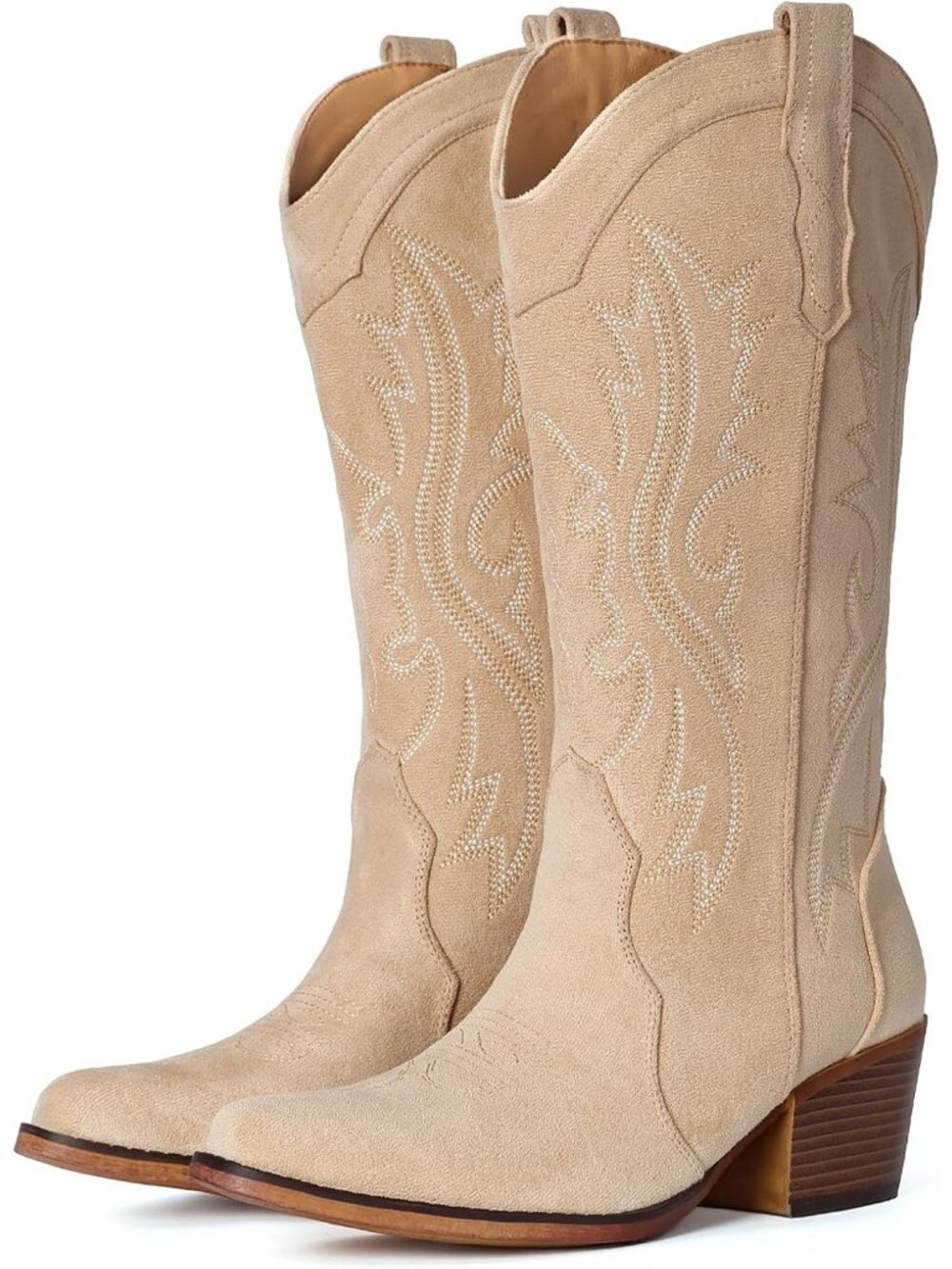 Women Apricot Slip-On Western Cowboy Mid-Calf Snip Toe Chunky Heel Low Instep